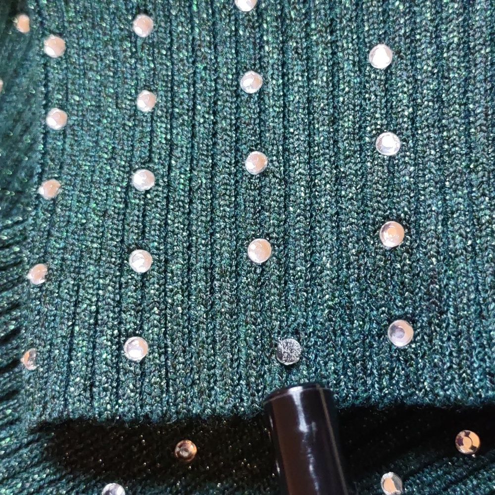 Questions 2X Metallic Rhinestone Ribbed Trim Turtleneck Green Sweater - Picture 16 of 16